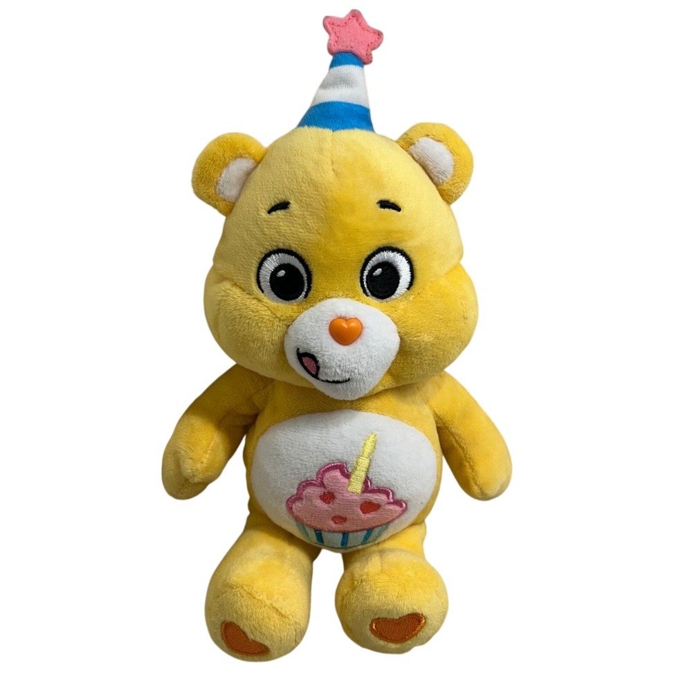 Vtg Care Bears Birthday Bear Plush Yellow‎ Cupcake Party Hat Stuffed Animal Toy